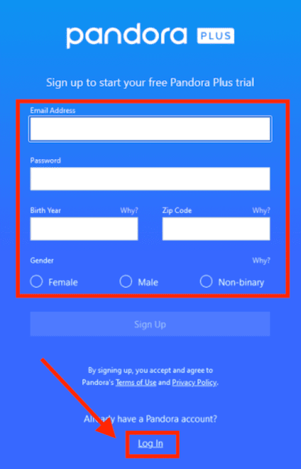 signup or login pandora music