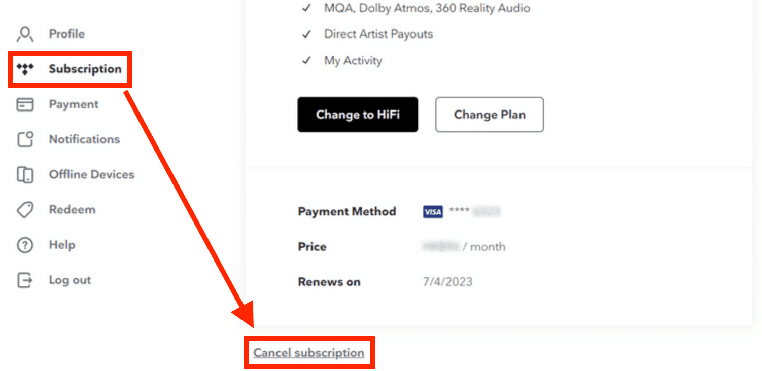 tidal subscription cancel
