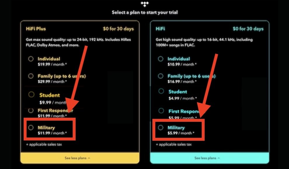 Tidal Military Discount plan